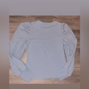 SHEIN Size Medium Long Sleeved Blouse Light Blue Beaded Accent Sleeves EUC